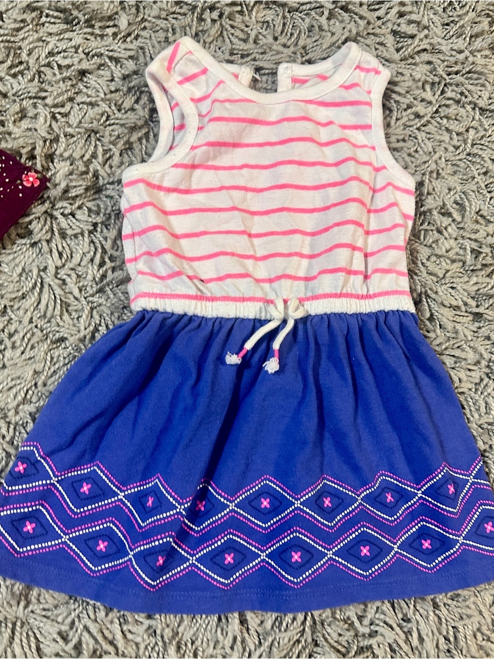 Cherokee White and Pink Striped Bodice with Blue Embroidered Skirt Dress